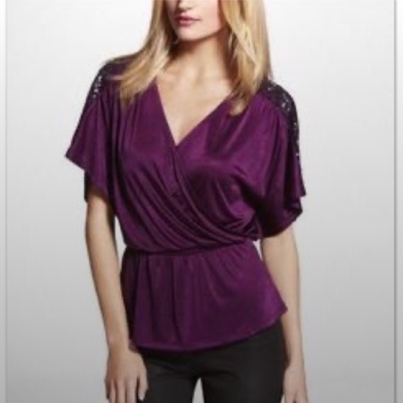 Express purple sequin shoulder surplice peplum top - Picture 3 of 13